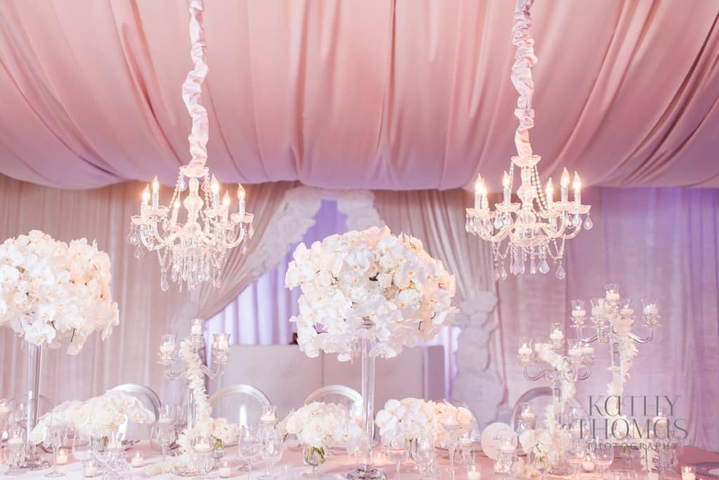 our dj rocks orlando wedding dj blush pink uplighting table scape with chandelier