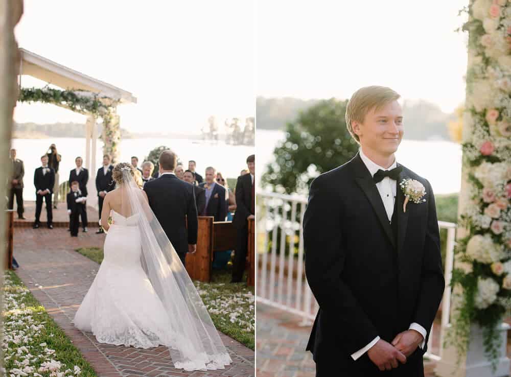 Cypress grove wedding ceremony bride with lace trumpet wedding dress walking down aisle and groom waiting 