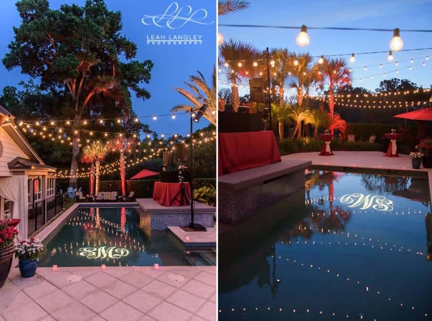 Private Residence Orlando Wedding with gobo on pool and market lighting and red uplighting
