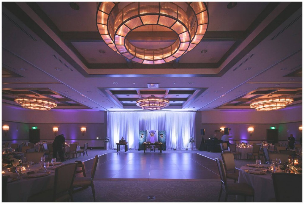 Alfond Inn wedding reception ballroom with purple uplighting