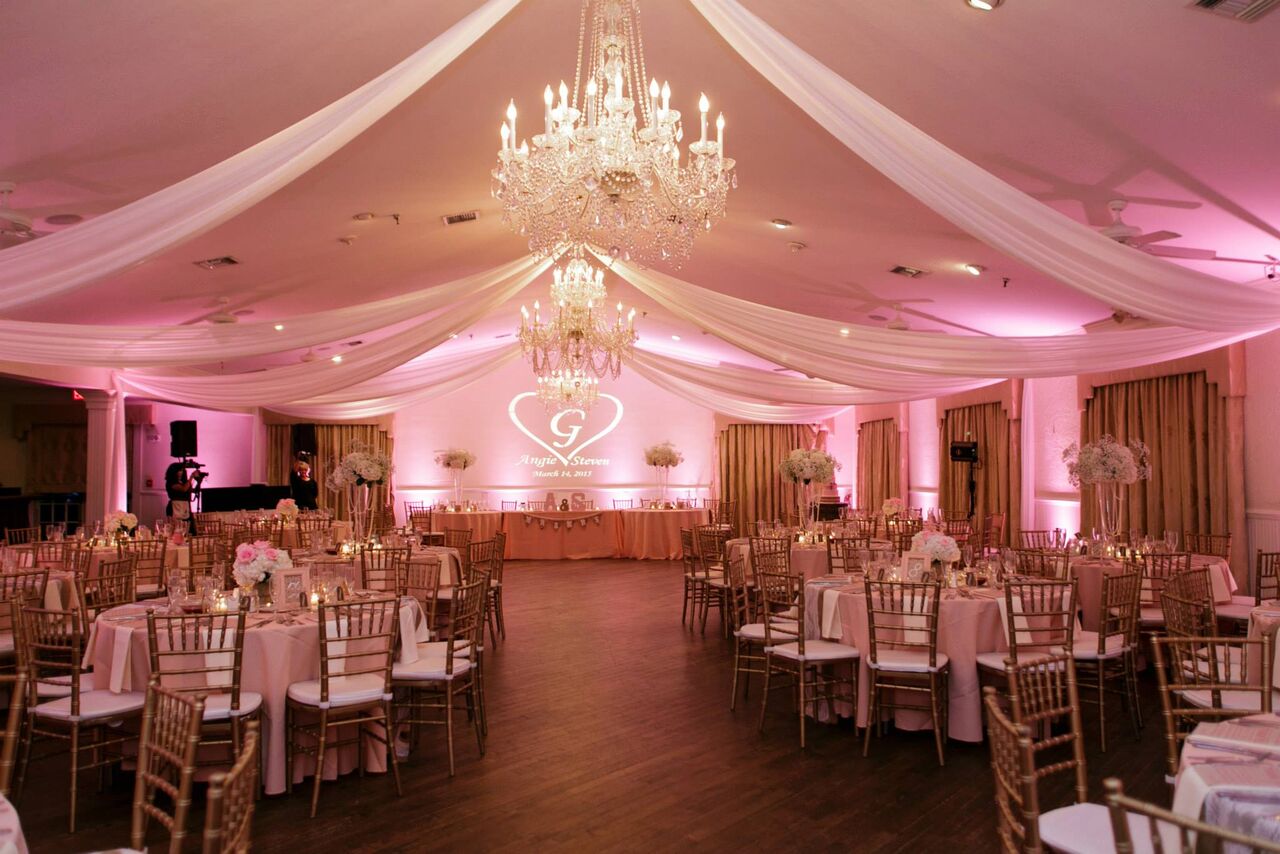 Orlando wedding - Highland Manor reception area with blush pink uplighting