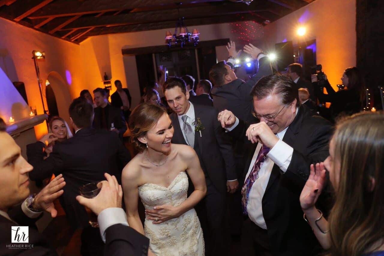 Elegant orlando wedding at Casa Feliz reception area dancing with amber uplighting