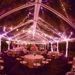 pink uplighting clear tent wedding