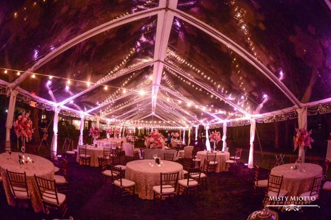 pink uplighting clear tent wedding