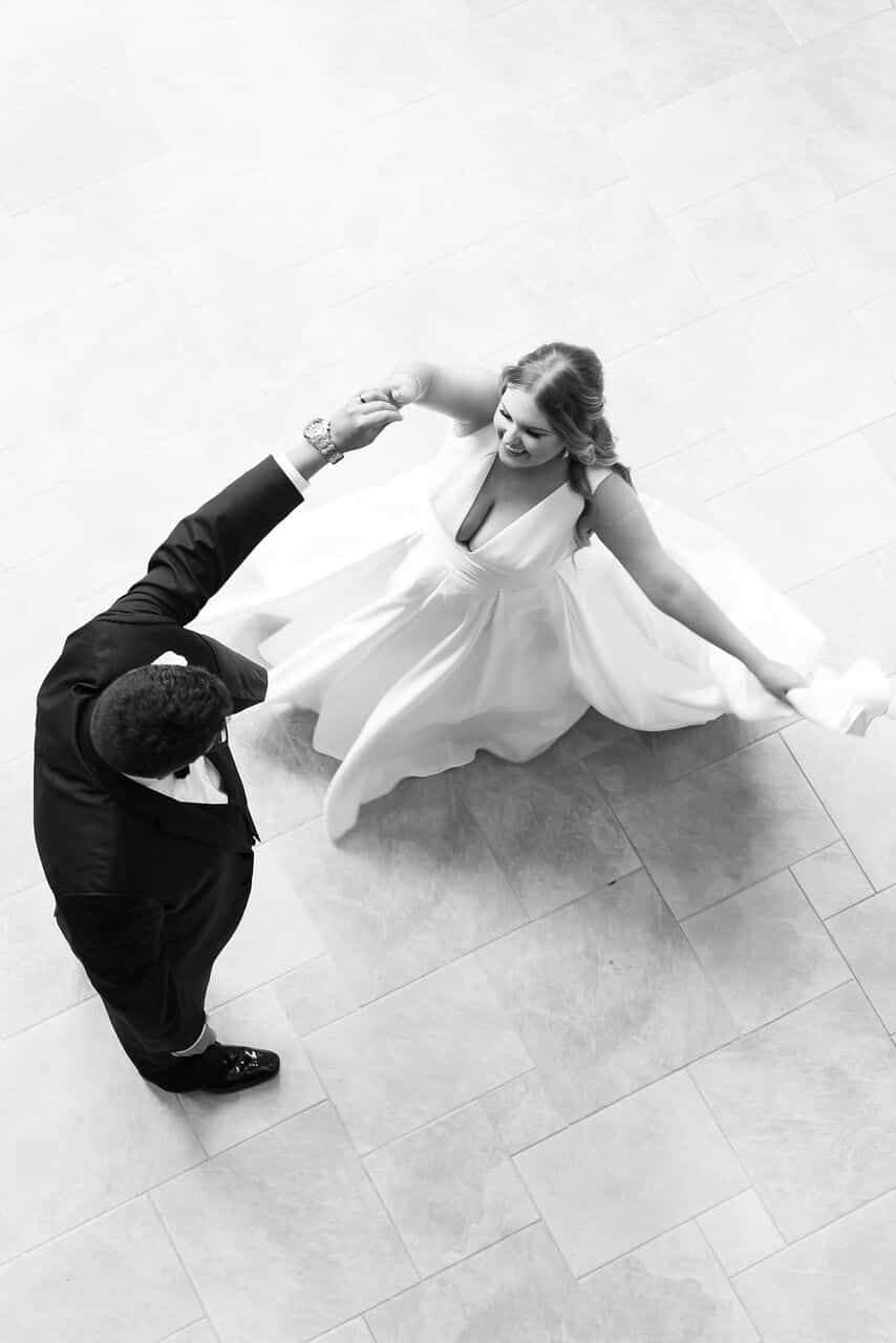 birdseye view of bride and groom on dance floor